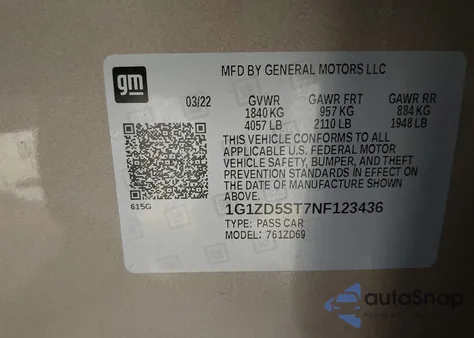 2022 Chevrolet Malibu Fwd Lt z USA, uszkodzony, nr VIN 1G1ZD5ST7NF123436